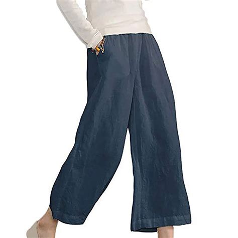 Vekdone Cotton Linen Capri Pants For Women Elastic High Waisted Palazzo