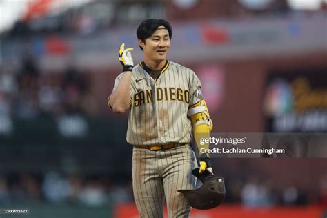 Ha Seong Kim Of The San Diego Padres Reacts After Hitting A Single