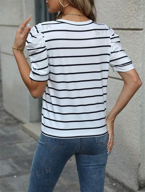 Shein Lune Women S Puff Sleeve Striped Design Casual T Shirt Shein Usa