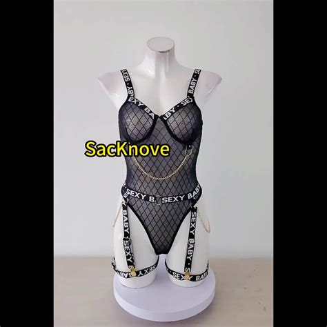 Sacknove Sexy Hot Nighty Sheer Mesh One Piece See Through Teddy Bodysuit Garters Suspender