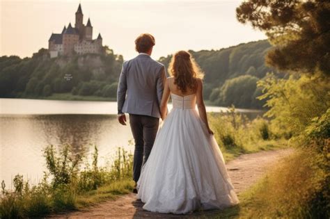 Premium Photo Just Married Couple Walking On A Park