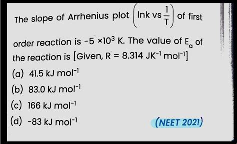 The slope of Arrhenius plot (lnkvsT1 ) of first order reaction is −5×103