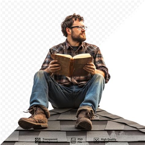 Premium PSD Caucasian Man Sitting On Roof Holding Book