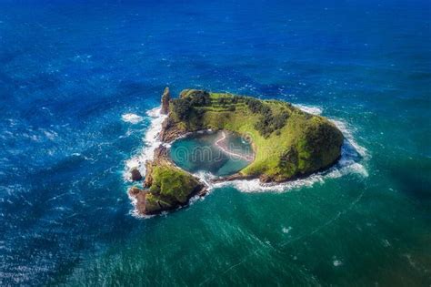 Aerial View Of A Volcanic Island On The Sea Of Azores Portugal Stock