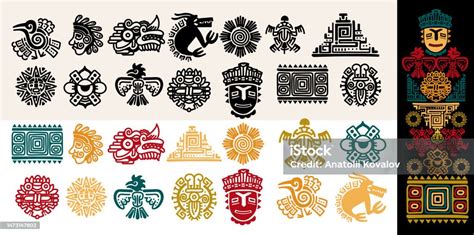 Set Of Mexican Gods Symbols Black And Colored Abstract Aztec Animal ...