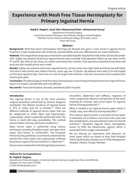 Pdf Experience With Mesh Free Tissue Hernioplasty For Primary