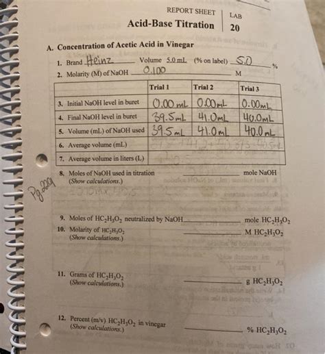 Solved REPORT SHEET Acid Base Titration LAB 20 1 Brand Chegg