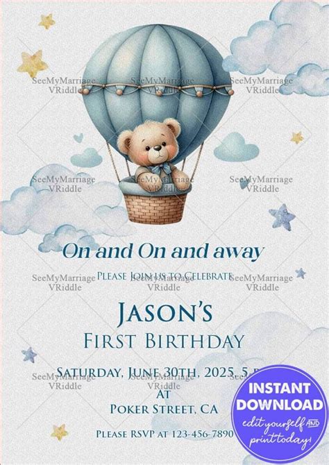 Teddy Balloon First Birthday Invitation Cute Hot Air Balloon Theme