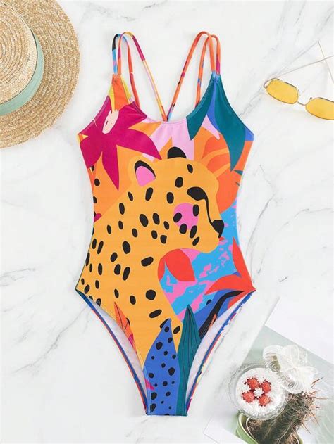 Floral Lion Print Criss Cross Backless One Piece Swimsuit Shein Uk