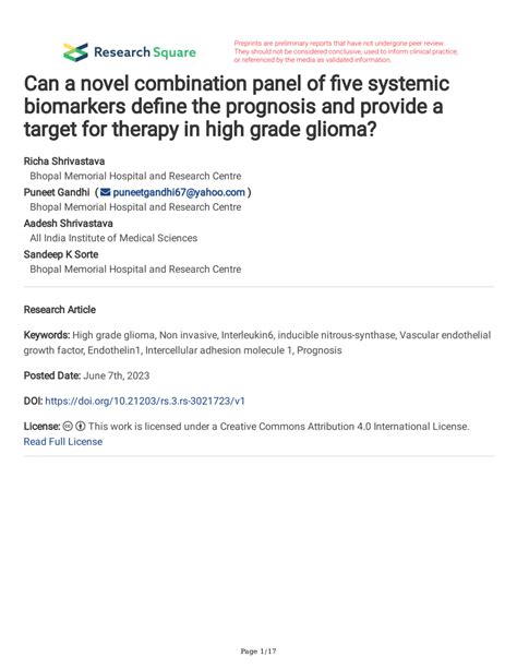 Pdf Can A Novel Combination Panel Of Five Systemic Biomarkers Define