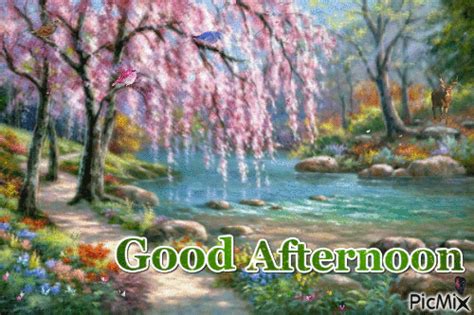 A Painting Of A River And Trees With The Words Good Afternoon