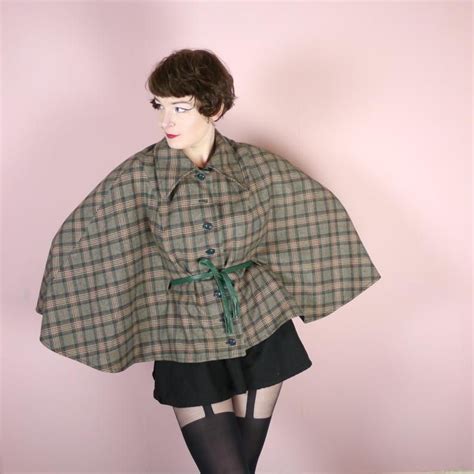 S Cape By Harella Dark Green Checked Plaid Pattern Wool Blend Cloak