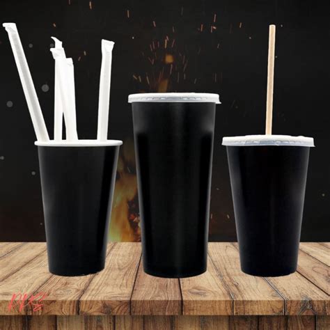 Disposable Paper Cup Hot Cold Drink Cup Plain Black With PS Lid Kraft Paper Straw 16oz 22oz