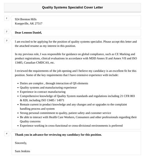 Quality Systems Specialist Cover Letter Velvet Jobs