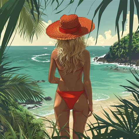 Premium Photo Illustration Of A Woman In A Red Bikini Stands On A Beach