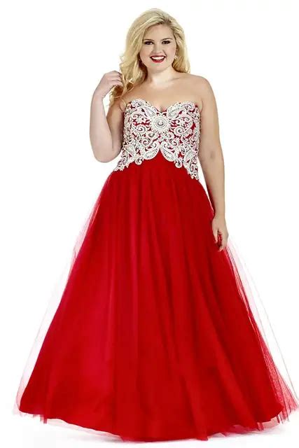 Plus Size Prom Dresses Red Tulle Evening Gowns With White Appliques