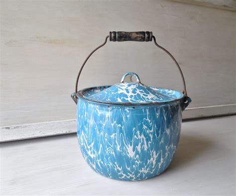 Blue Swirl Graniteware Bucket With Lid Handle Vintage