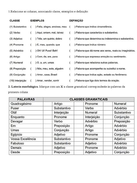 Classificação de Palavras: Exercícios de Identificação de Classes ...