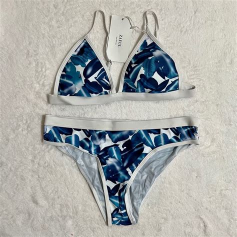 Zaful Blue Leaves Triangle Two Piece Bikini Swimsuit Women S Fashion Swimwear Bikinis
