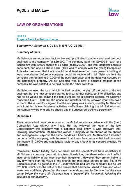 Salomon V A Salomon Summary Pgdl And Ma Law Law Of Organisations Unit