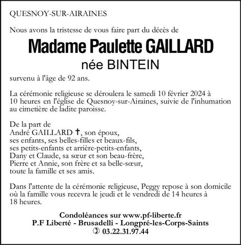 Avis De Décès De Paulette Gaillard Pompes Funèbres Liberté Brusadelli