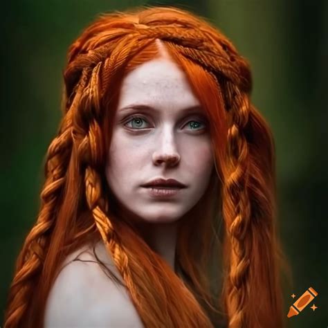 Portrait Of A Red Haired Celtic Woman With Braided Hair In The Forest