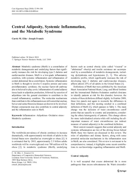 (PDF) Central Adiposity, Systemic Inflammation, and the Metabolic Syndrome