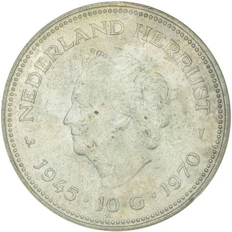 Coin Netherlands Juliana 10 Gulden 1970 Prooflike Silver KM 195