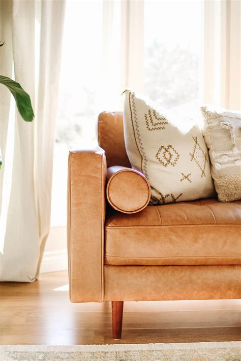 Brown Leather Sofa With Grey Pillows Baci Living Room