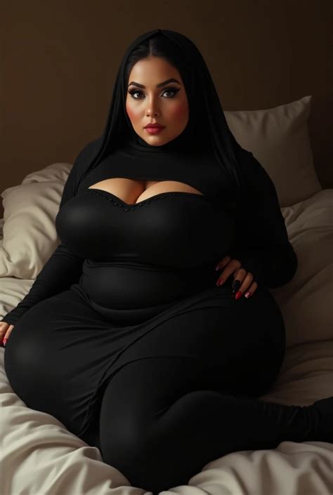 Arab Hijab Girl Big Tits Chubby Thin Black Dress Lying On The Bed SeaArt AI