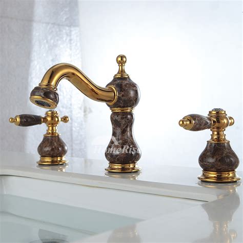 Gold Bathroom Sink Faucets Polished Brass Widespread Brown White Luxury Two Tone Marble