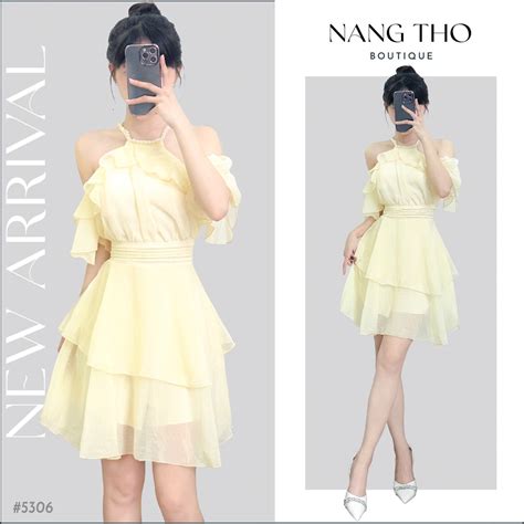 Đầm thiết kế nude rớt vai cổ yếm nút ngọc HÌNH THẬT ĐỘC QUYỀN nangtho ct Shopee