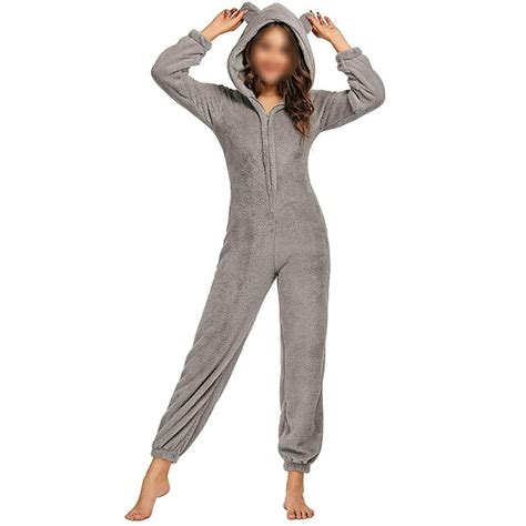 Aunavey Women One Piece Fleece Pajamas Jumpsuit Cartoon Bear Hooded