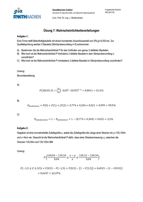 Übung 7 Lösung Wintersemester Geodätisches Institut Lehrstuhl für