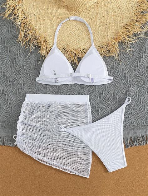 3pcs Tween Girl Bikini Set With Shell Decor Mesh Cover Up Drawstring Design SHEIN UK
