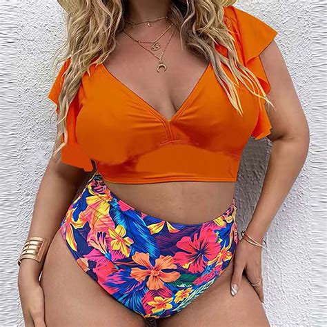 Hicidod Women High Waist Bikini Sets Two Piece Ruffle Tummy Control Swimsuits Plus Size Printed