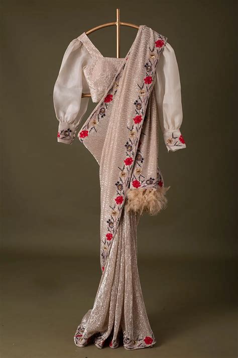 Buy Nude Beige Sequins Embroidered Net Saree Online Samyakk