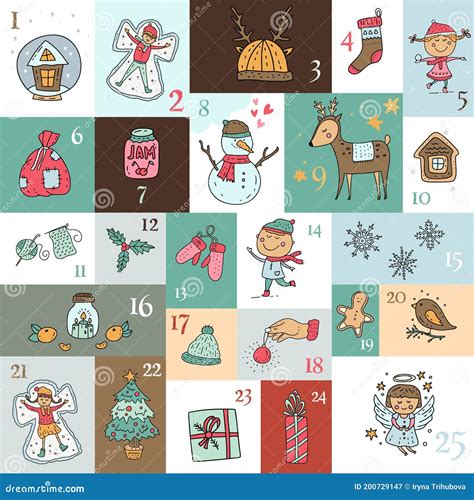 Cute Cartoon Vector Advent Calendar Stock Vector Illustration Of