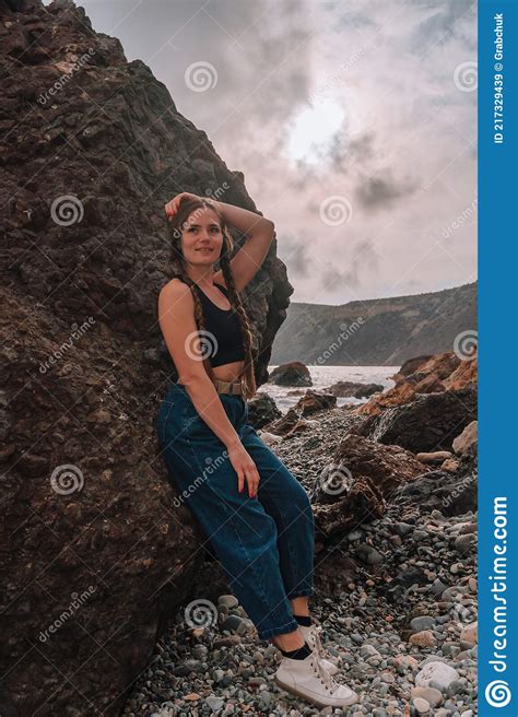 Selective Focus Happy Carefree Sensual Woman With Long Hair In Black