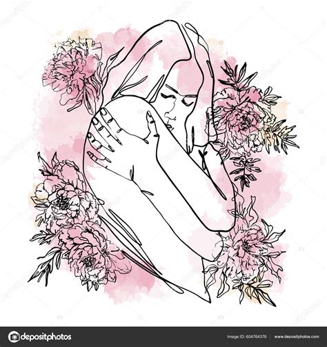 Silhouette Naked Female Figure Black Linear Sketch Woman Hugging Herself Stock Vector Image By