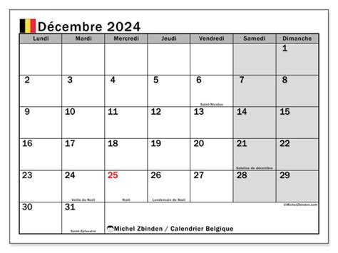 Calendrier décembre 2024 Belgique Michel Zbinden FR