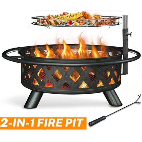 Seizeen Fire Pit with Grill, Metal Fire Pit for Outside Hollow-out ...