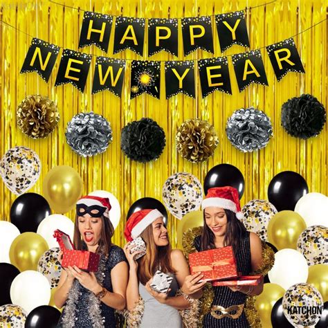 Happy New Year Decorations Set Happy New Year Balloons With Pompoms