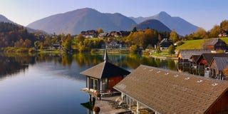 Lake Grundlsee On A Cloudy Autumn Day. View Of The Alps. Village ...