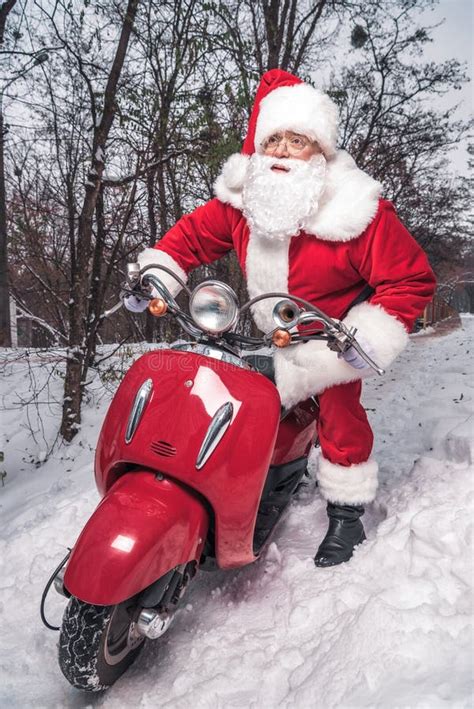 Santa Claus Riding Red Scooter Stock Image Image Of Daytime