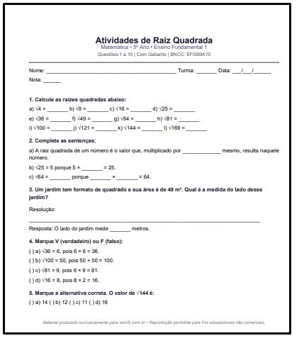Atividade Raiz Quadrada 5 Ano - Baixe Atividades de Matemática do 5º Ano Sobre Raiz Quadrada