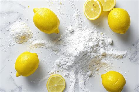 Acide Citrique Et Bicarbonate De Soude Avec Du Citron Sur Fond Blanc