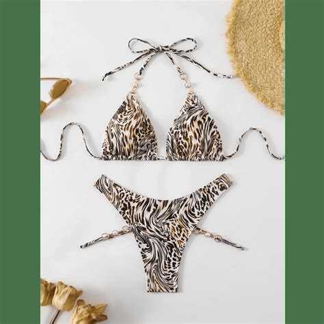 Leopard Pearls Halter High Cut Thong Bikini Women Swimwear Female Swimsuit Two Pieces Bikini Set
