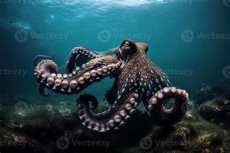 A Large Octopus At The Bottom Of The Sea Between Coral Reefs