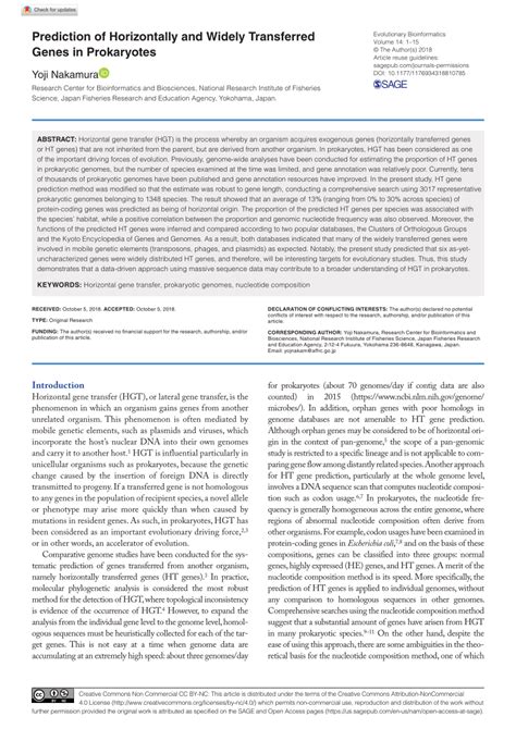 Pdf Prediction Of Horizontally And Widely Transferred Genes In